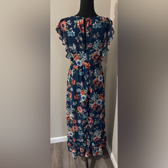 Navy Floral Maxi Dress Flutter Sleeve V Neck Smocked Waist Ruffle Hem - Picture 5 of 12
